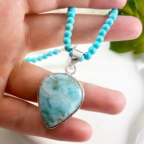Jewelry Set Lot Blue Larimar Pendant Turquoise Necklace Bracelets 925 Overlay - Picture 4 of 9